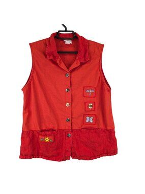 Womens Vintage Donna Red Sleeveless Button Up Vest Embroidered Cotton Linen M